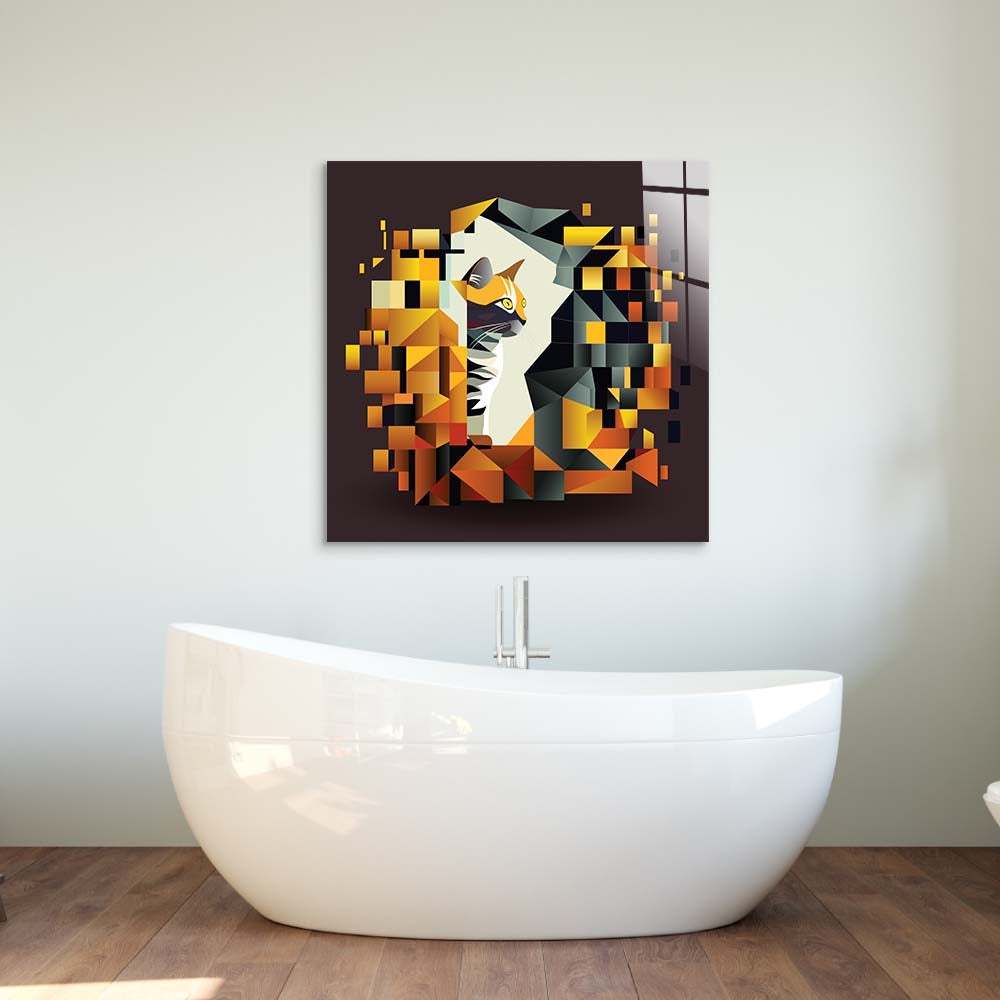 Abstract Geometric Ginger Cat Glass Wall Art