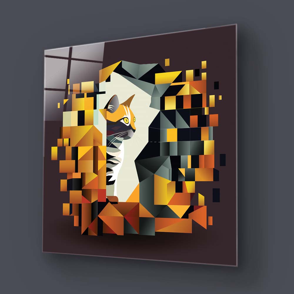 Abstract Geometric Ginger Cat Glass Wall Art