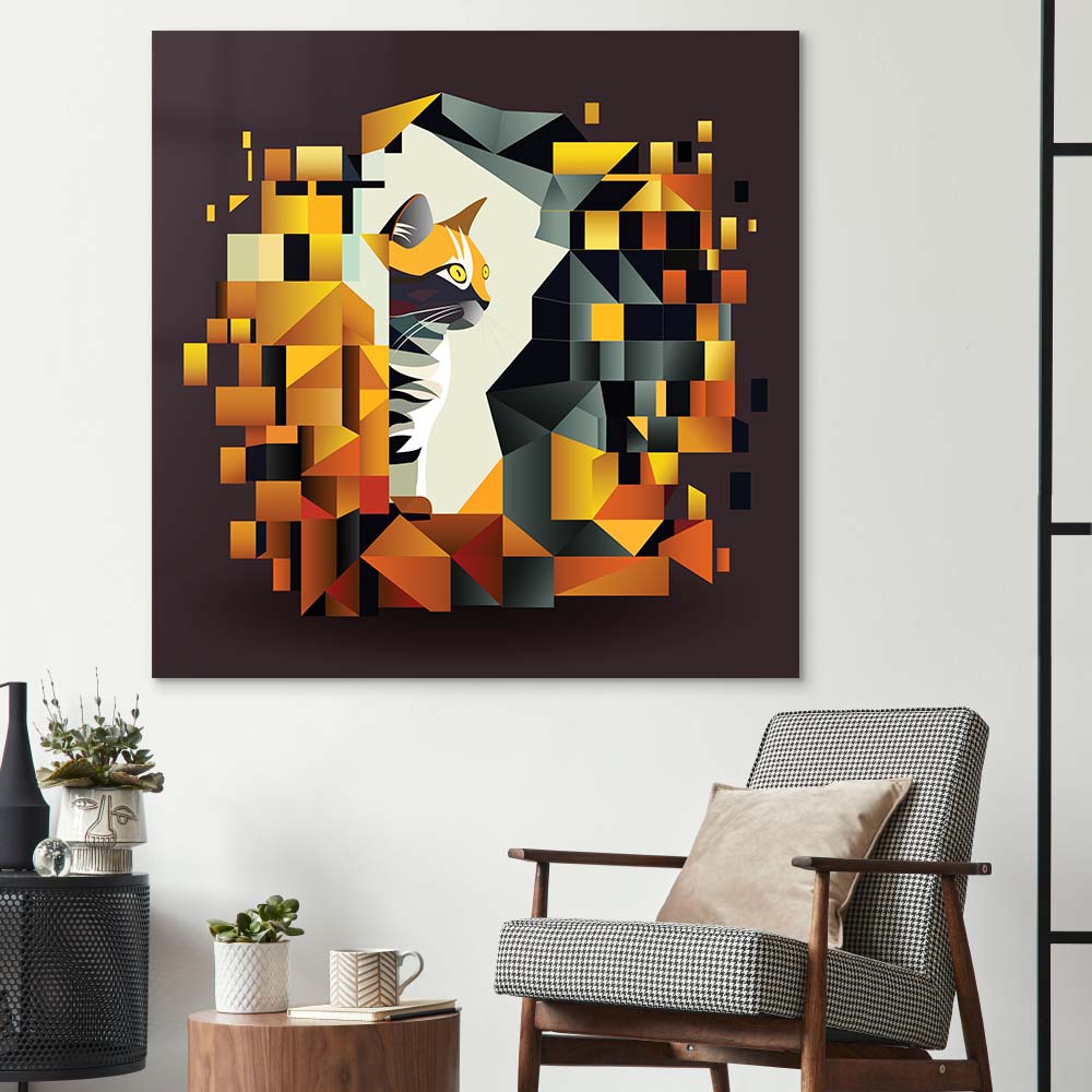 Abstract Geometric Ginger Cat Glass Wall Art