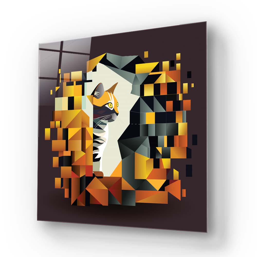 Abstract Geometric Ginger Cat Glass Wall Art