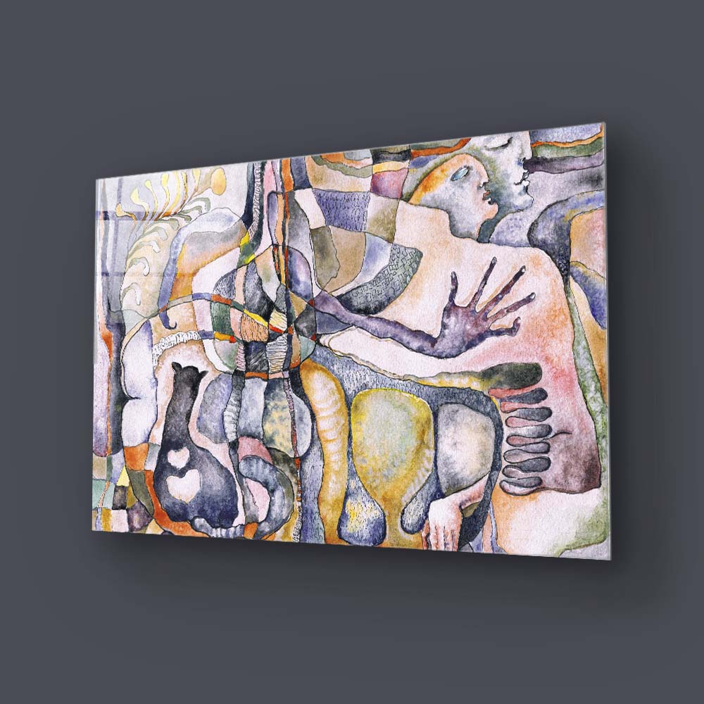 Abstract Man, Woman and their Cat Glass Wall Art