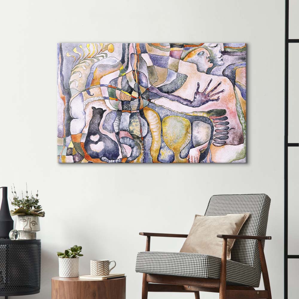 Abstract Man, Woman and their Cat Glass Wall Art