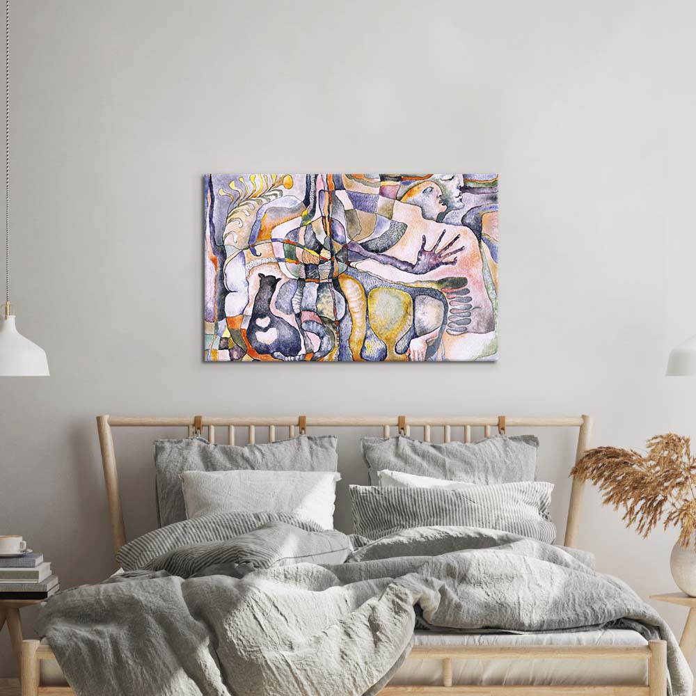 Abstract Man, Woman and their Cat Glass Wall Art