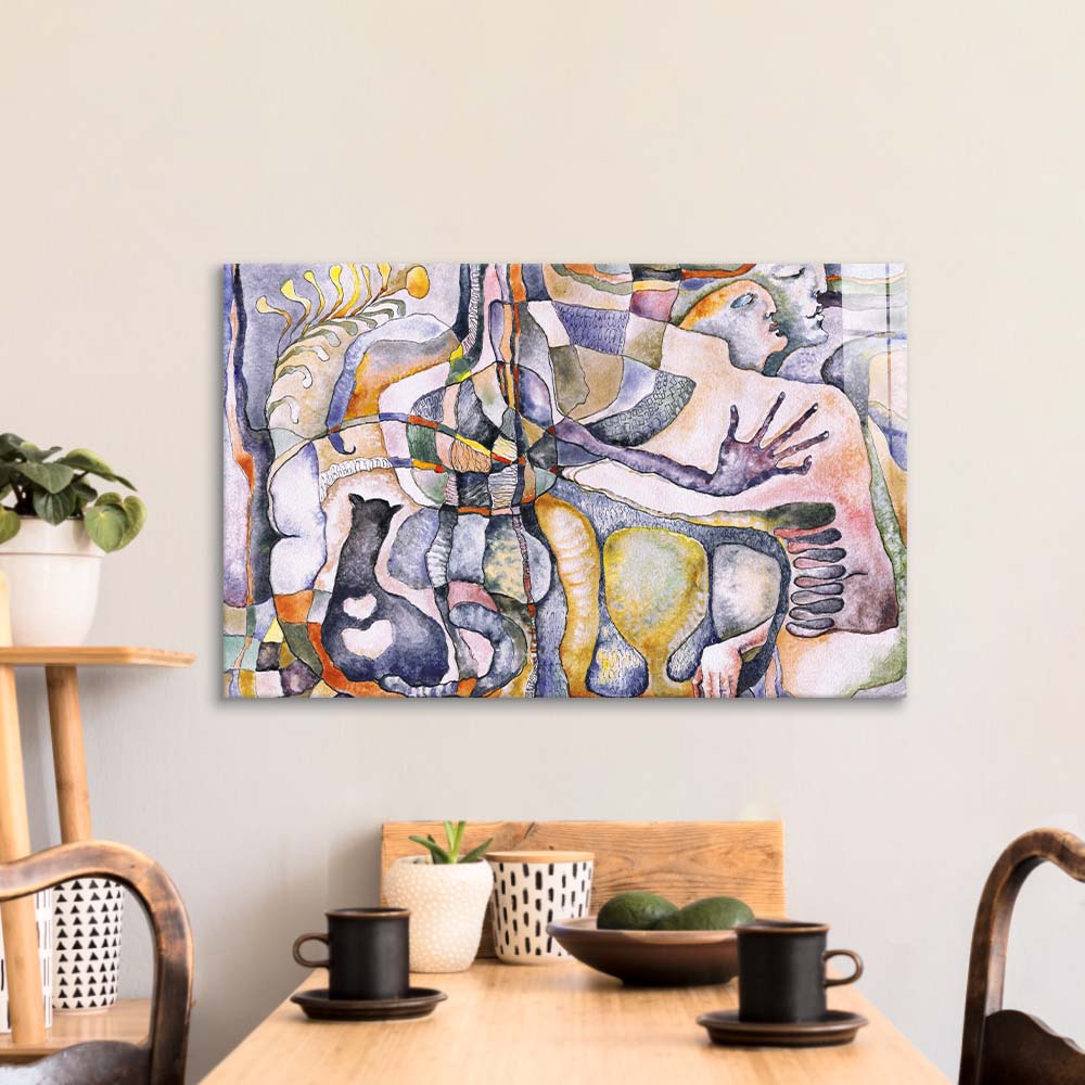 Abstract Man, Woman and their Cat Glass Wall Art