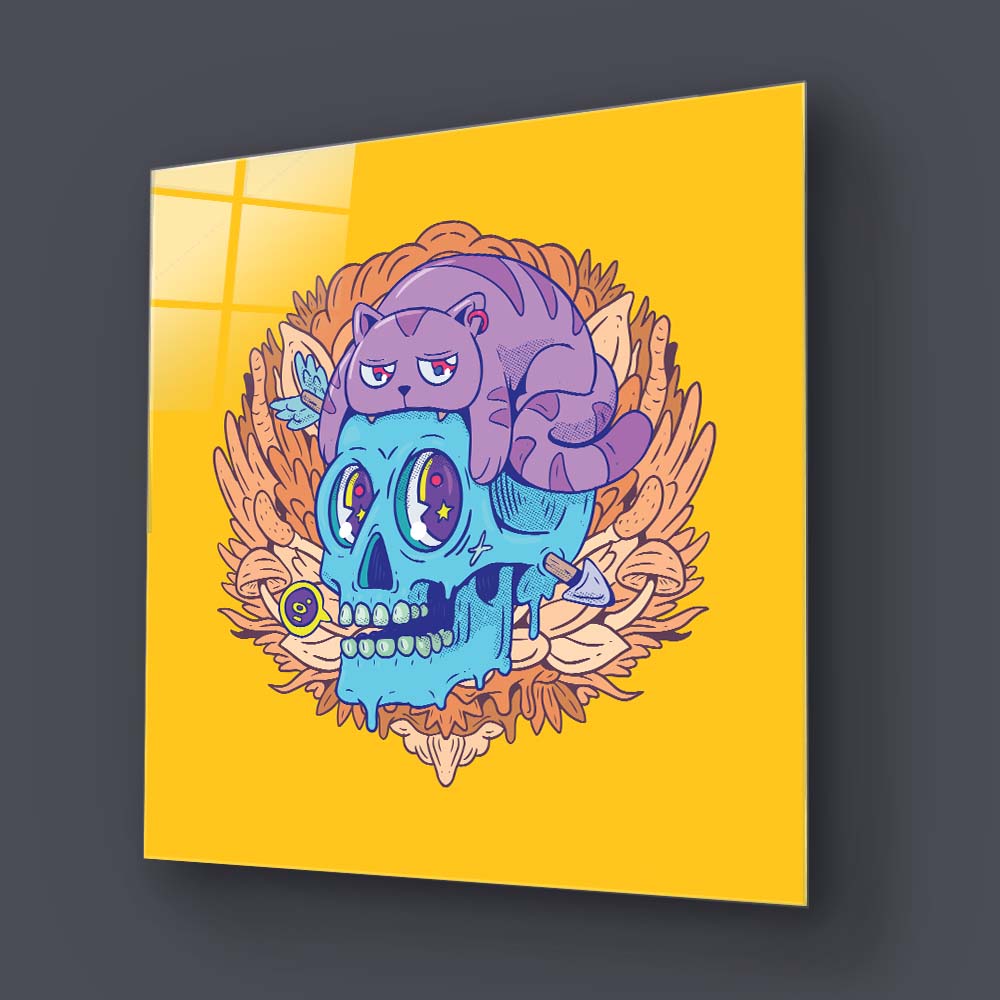 Abstract Skull Cat Glass Wall Art