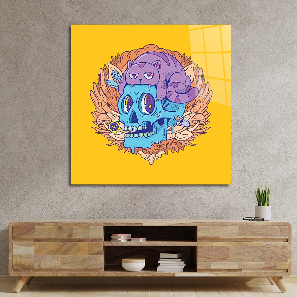 Abstract Skull Cat Glass Wall Art