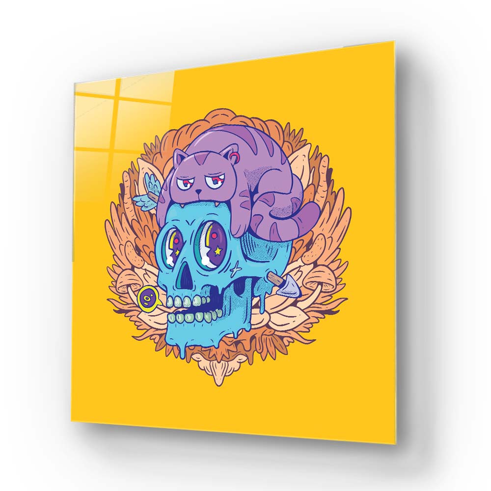Abstract Skull Cat Glass Wall Art