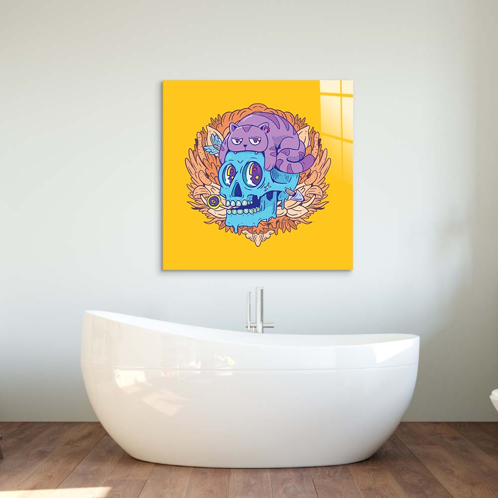 Abstract Skull Cat Glass Wall Art