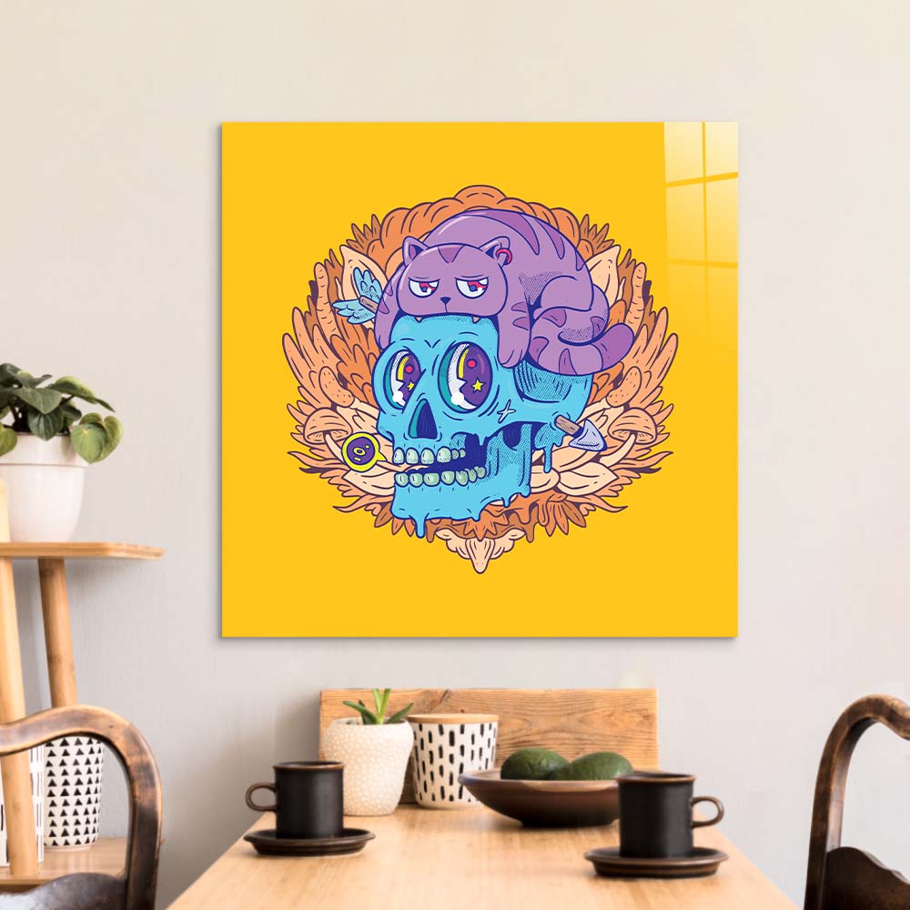 Abstract Skull Cat Glass Wall Art