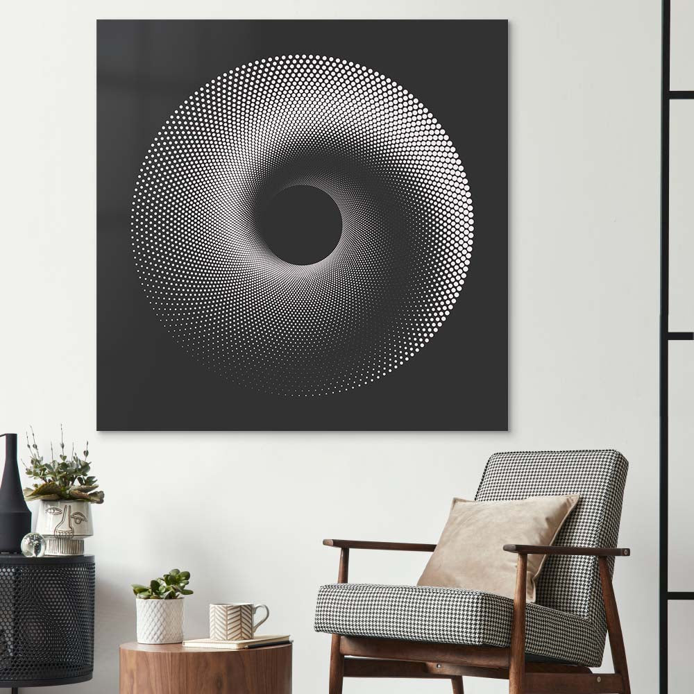 Black Abstract Halftone Spiral Glass Wall Art