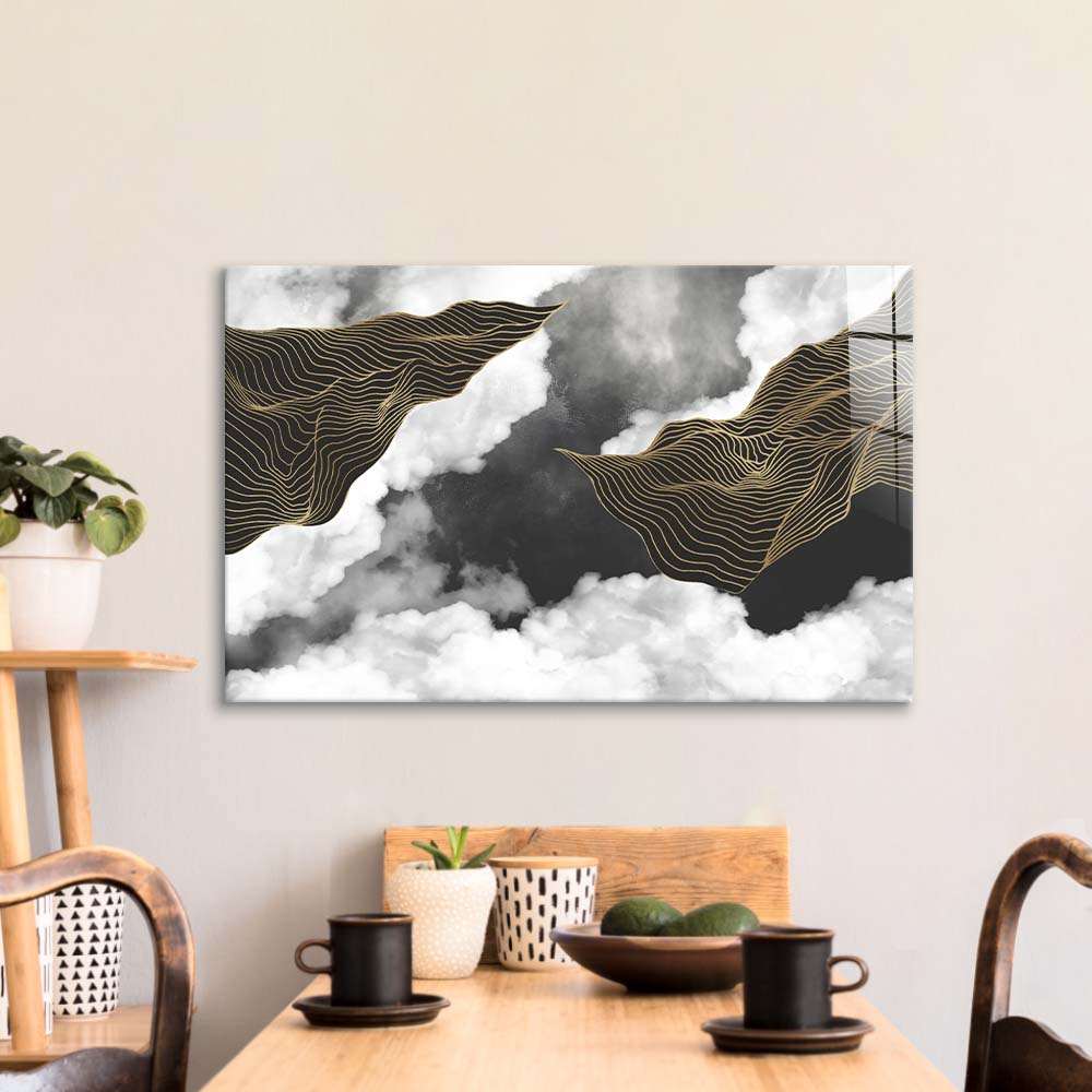 Black and Gold Geometric Clouds Glass Wall Art