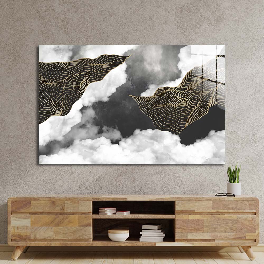 Black and Gold Geometric Clouds Glass Wall Art