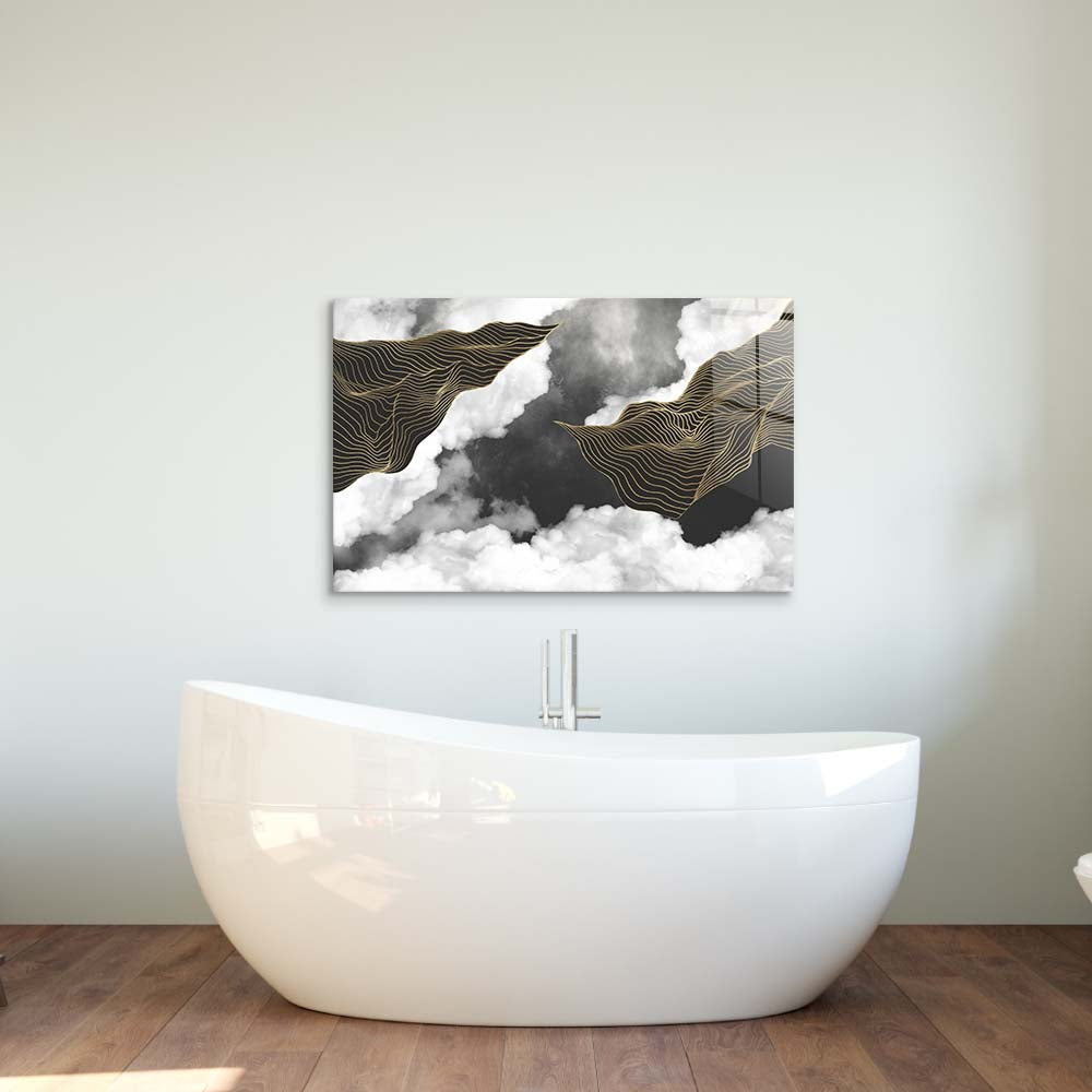 Black and Gold Geometric Clouds Glass Wall Art