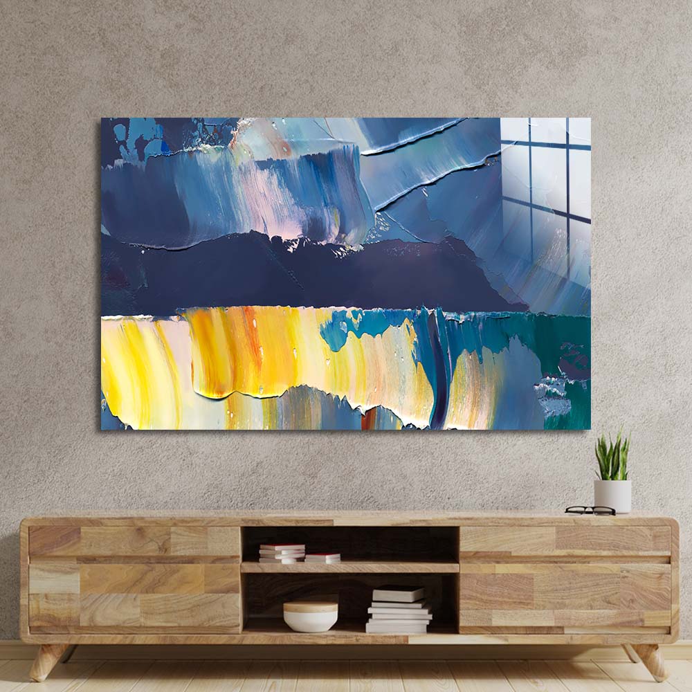 Blue and Yellow Modern Abstract Glass Wall Art