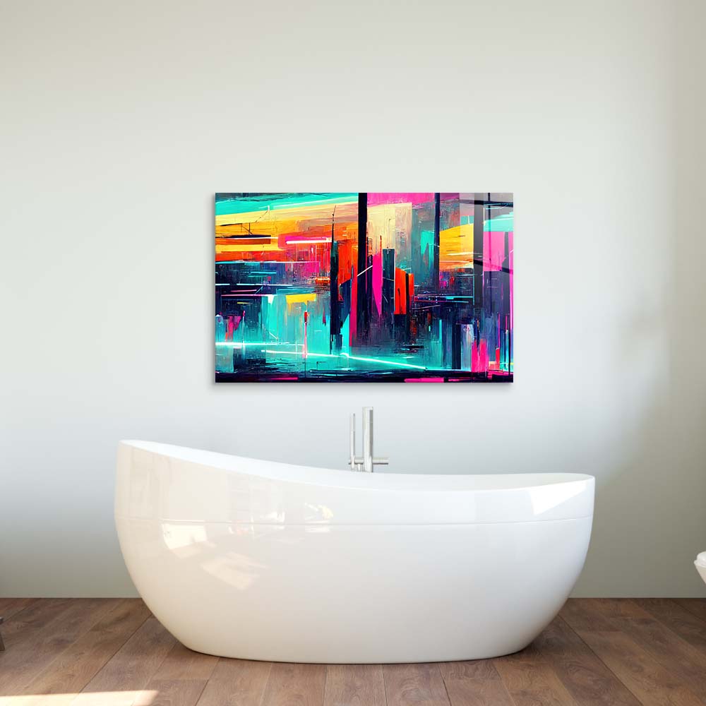 Futuristic Neon City Glass Wall Art