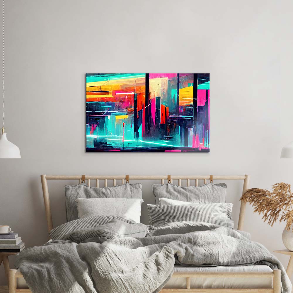 Futuristic Neon City Glass Wall Art