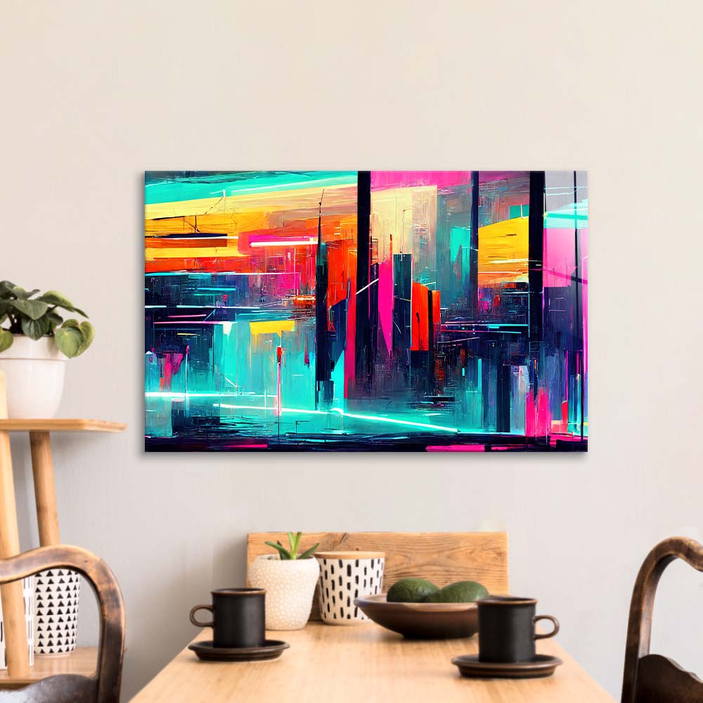 Futuristic Neon City Glass Wall Art