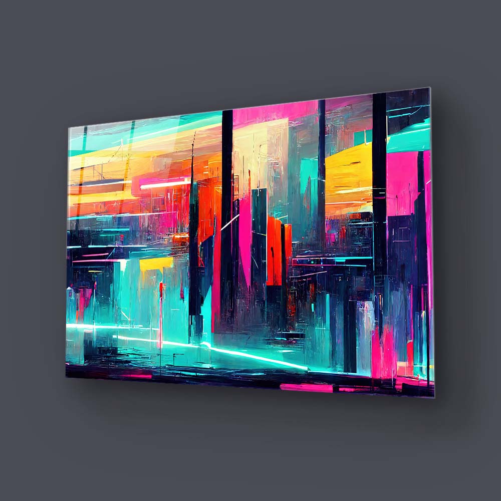Futuristic Neon City Glass Wall Art