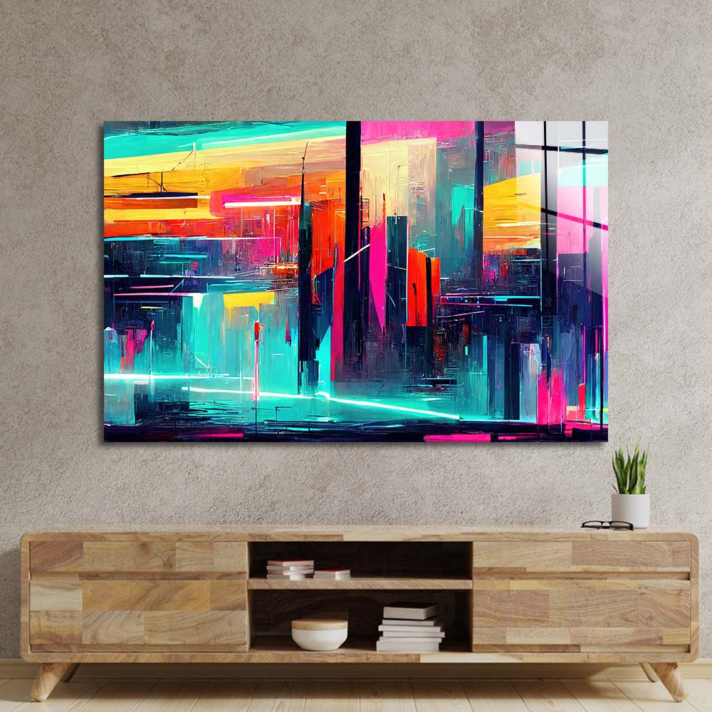 Futuristic Neon City Glass Wall Art