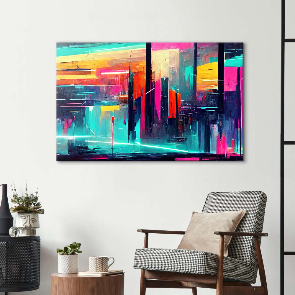 Futuristic Neon City Glass Wall Art