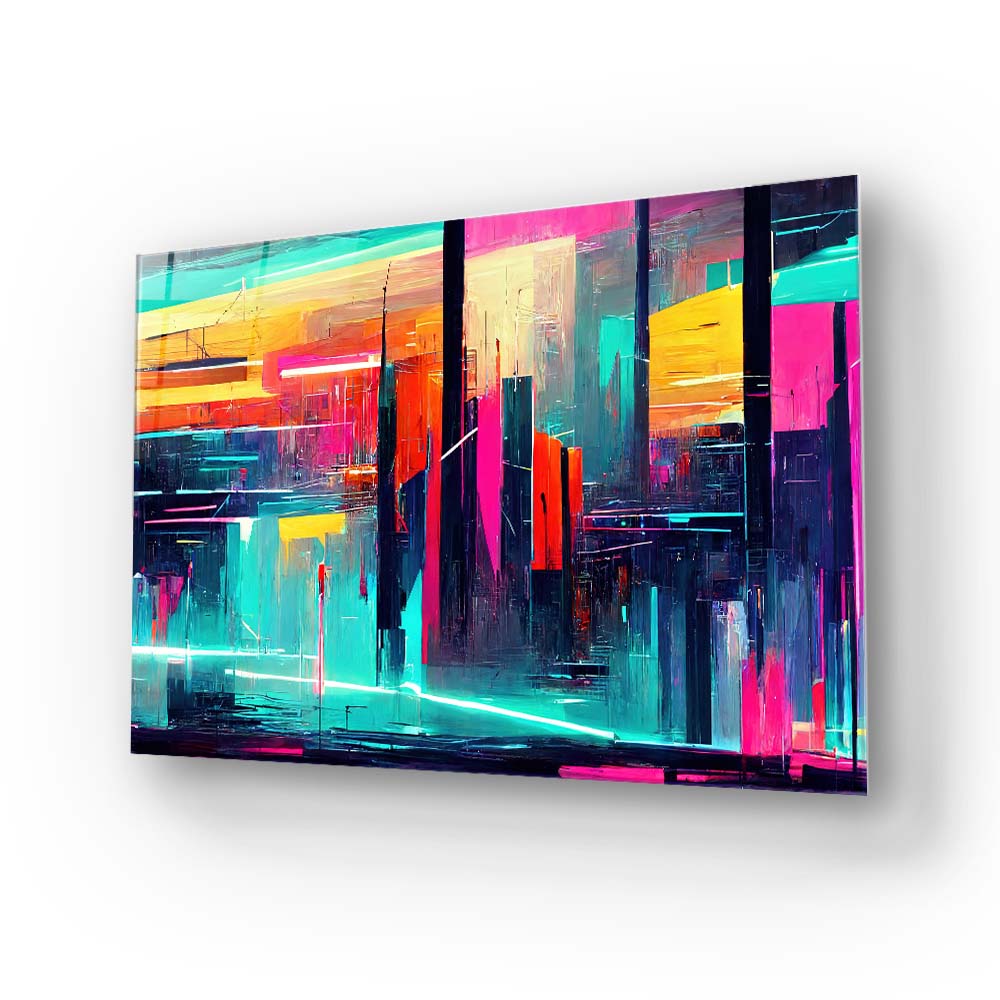 Futuristic Neon City Glass Wall Art