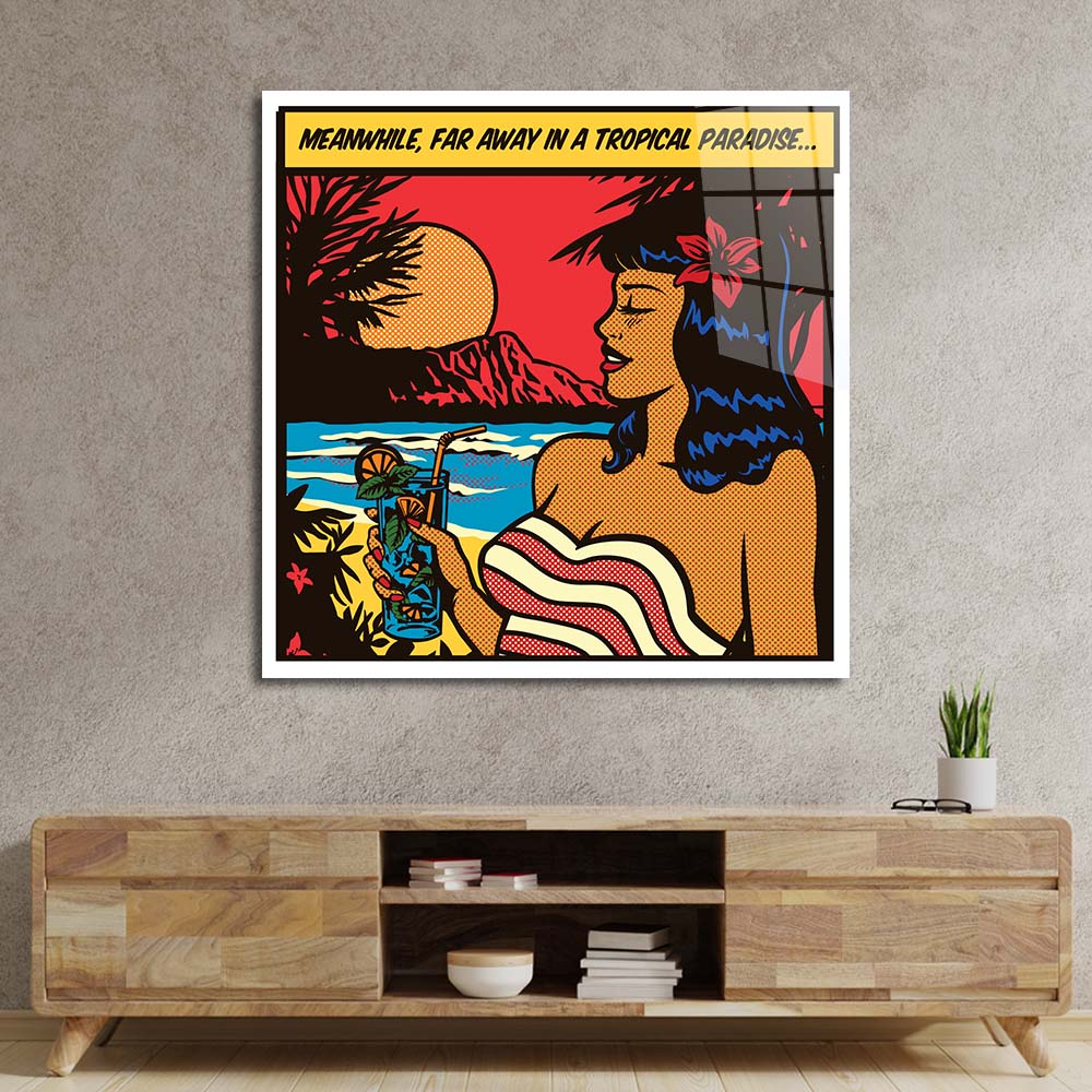Girl in Paradise Retro Glass Wall Art