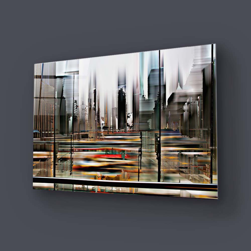 Glitched Cityscape Glass Wall Art