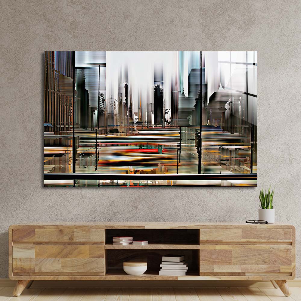 Glitched Cityscape Glass Wall Art