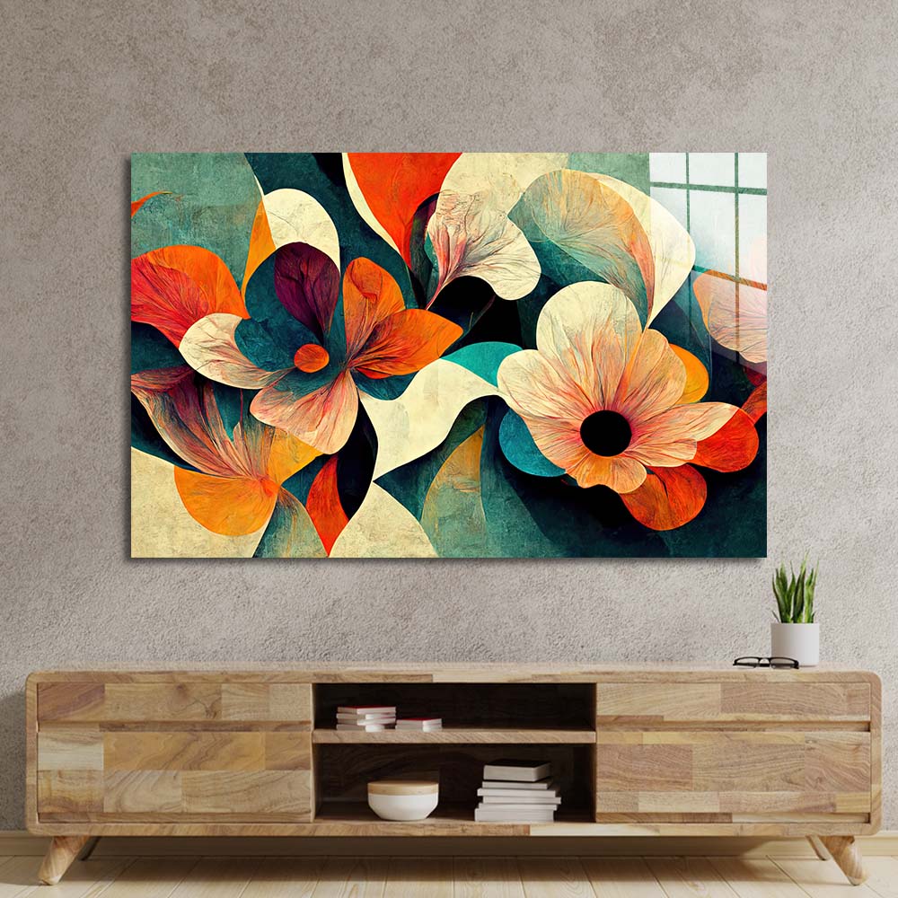 Grunge Paper Flowers Glass Wall Art