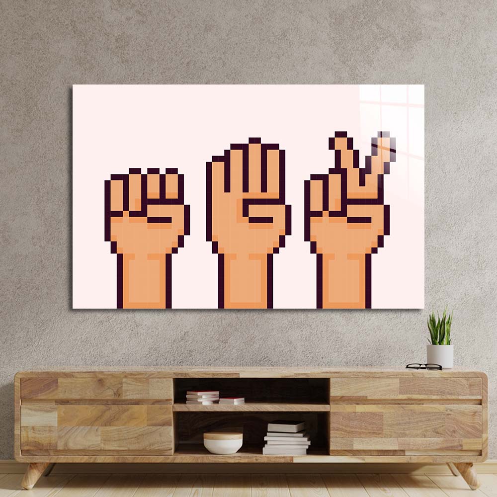 Pixel Rock, Paper, Scissors Glass Wall Art