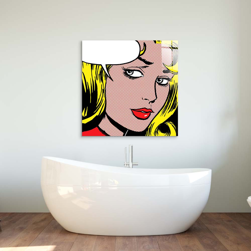 Retro Woman with Speech Bubble Glass Wall Art