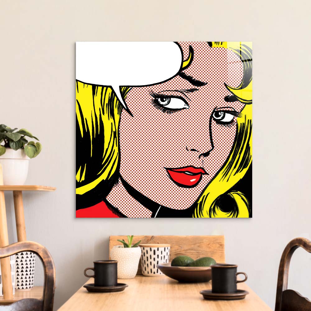 Retro Woman with Speech Bubble Glass Wall Art