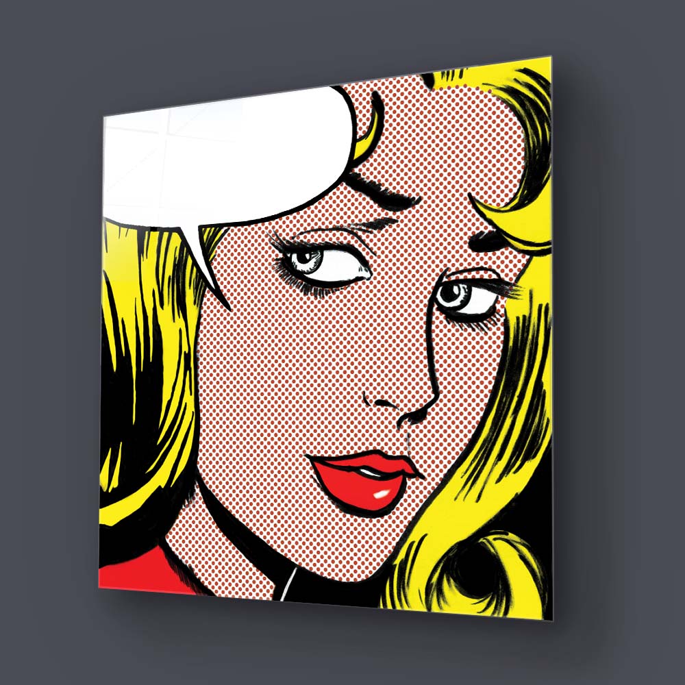 Retro Woman with Speech Bubble Glass Wall Art