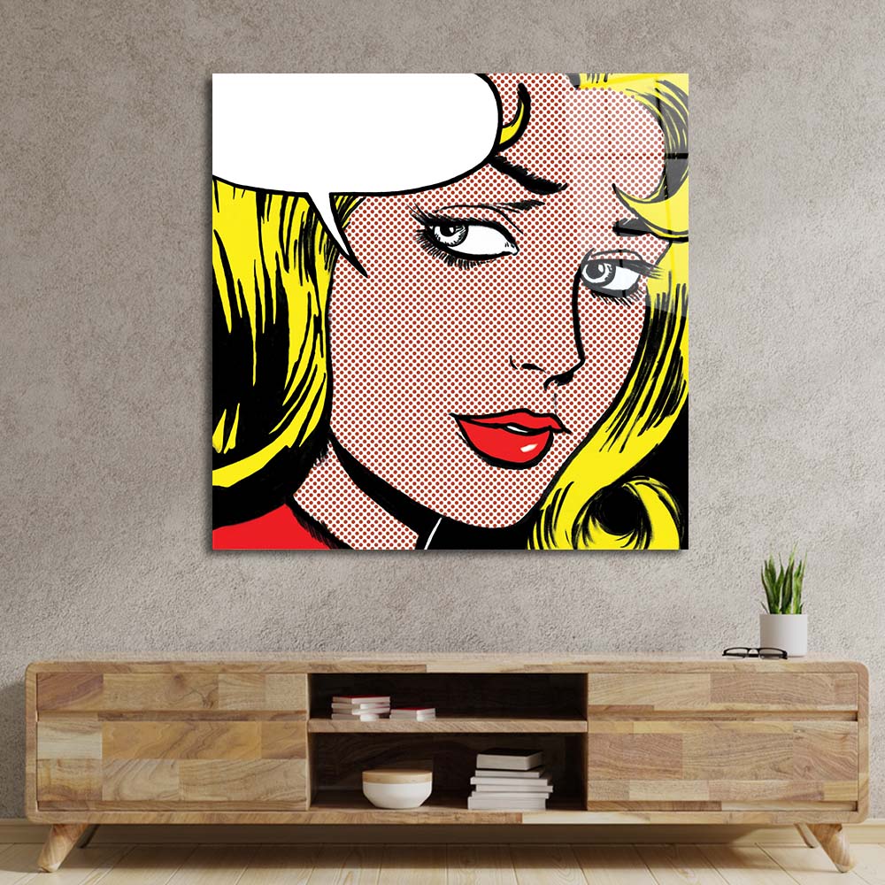 Retro Woman with Speech Bubble Glass Wall Art
