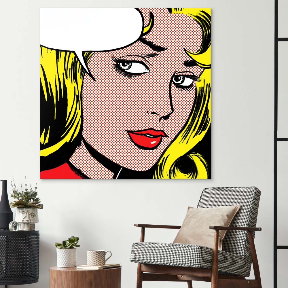 Retro Woman with Speech Bubble Glass Wall Art