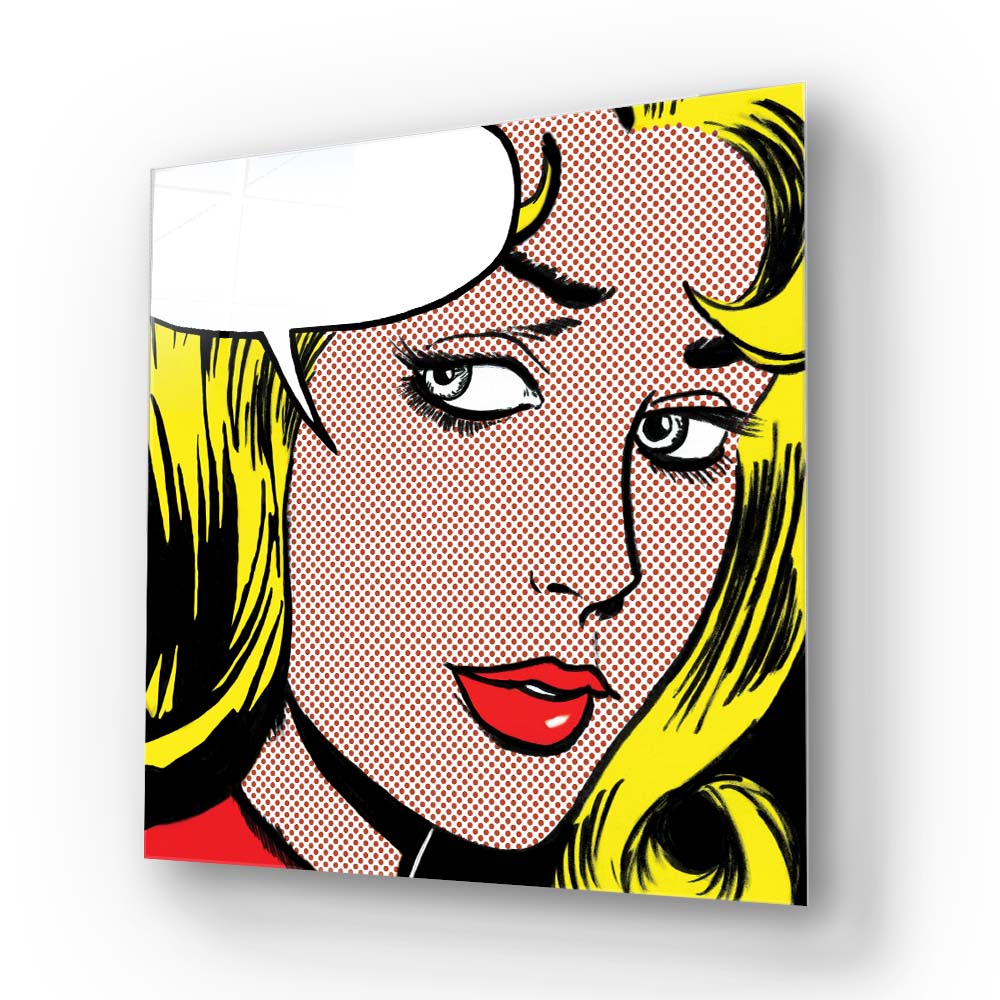 Retro Woman with Speech Bubble Glass Wall Art