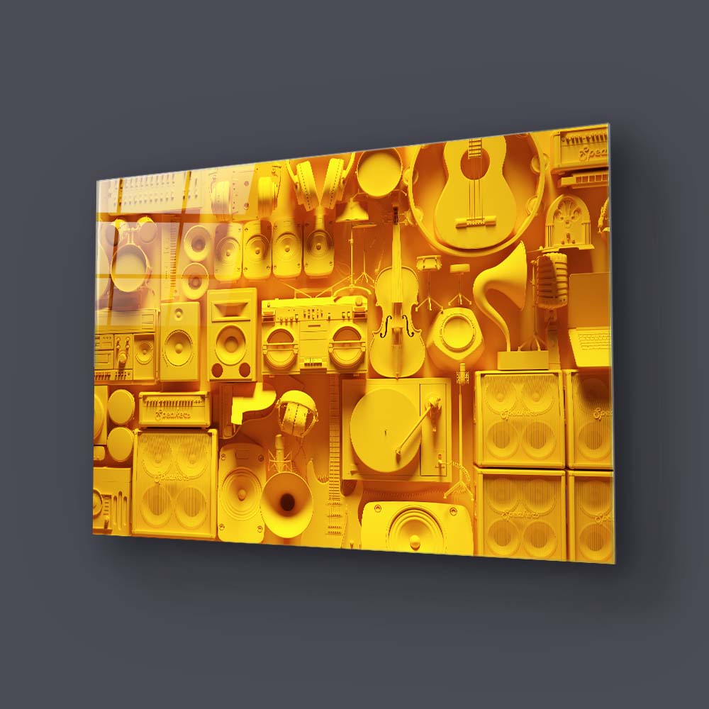 Yellow Musical Collage Glass Wall Art