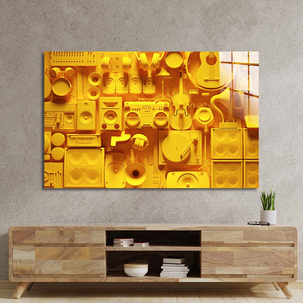 Yellow Musical Collage Glass Wall Art