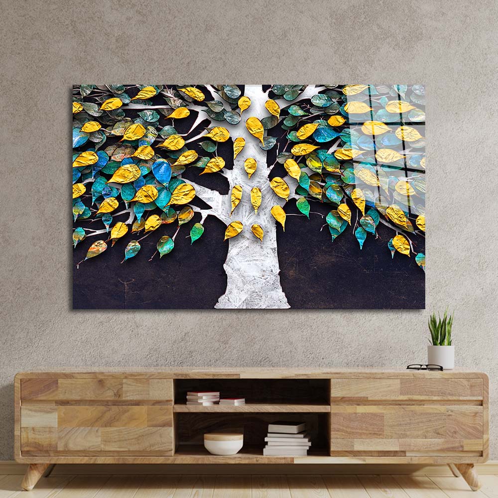 3D Tree with Gold Leaves Glass Wall Art