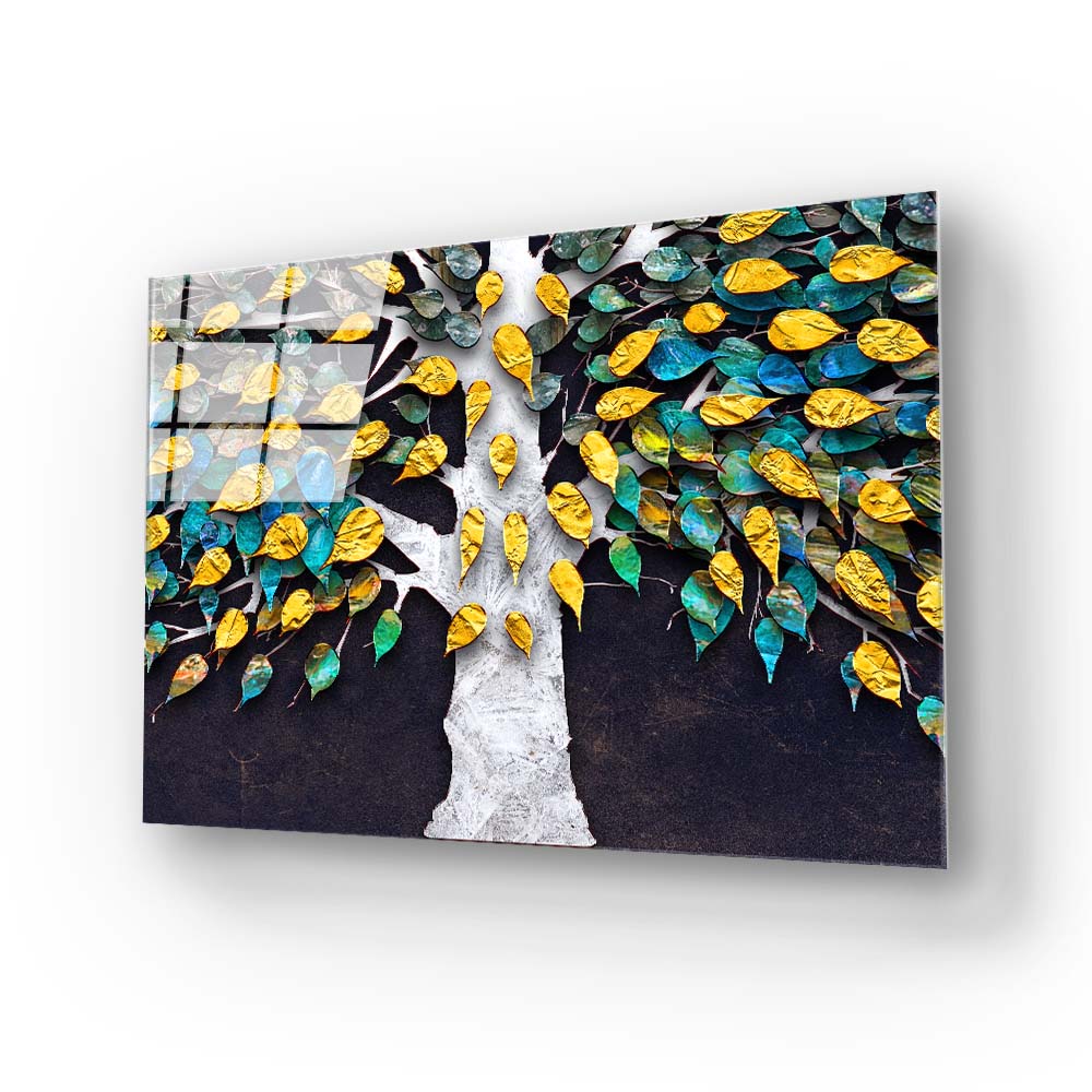 3D Tree with Gold Leaves Glass Wall Art