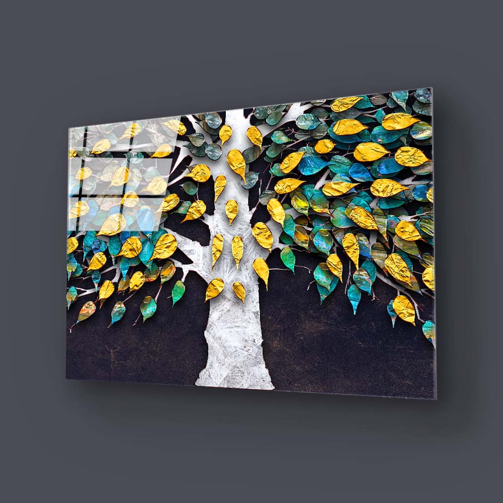 3D Tree with Gold Leaves Glass Wall Art