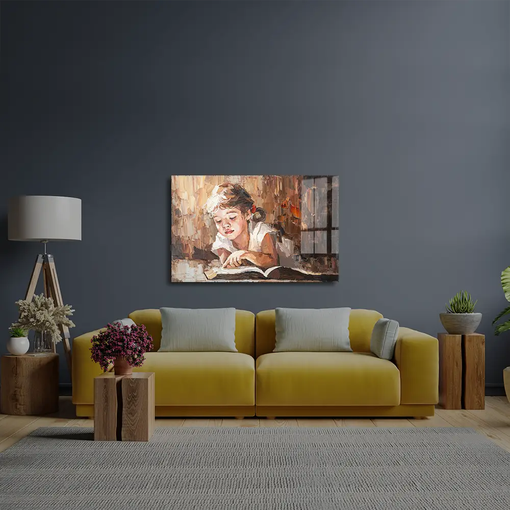A Child Reads Book Warm Sun Glass Wall Art