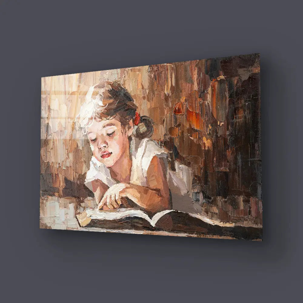 A Child Reads Book Warm Sun Glass Wall Art