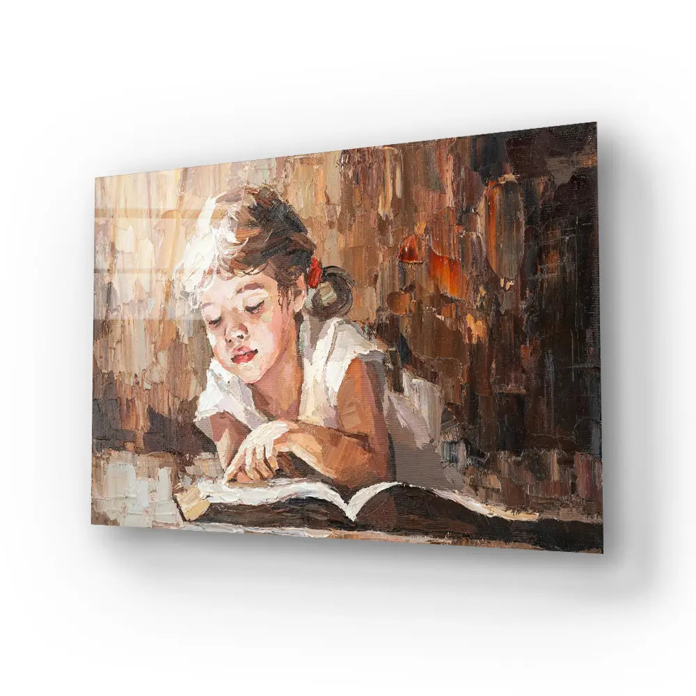 A Child Reads Book Warm Sun Glass Wall Art