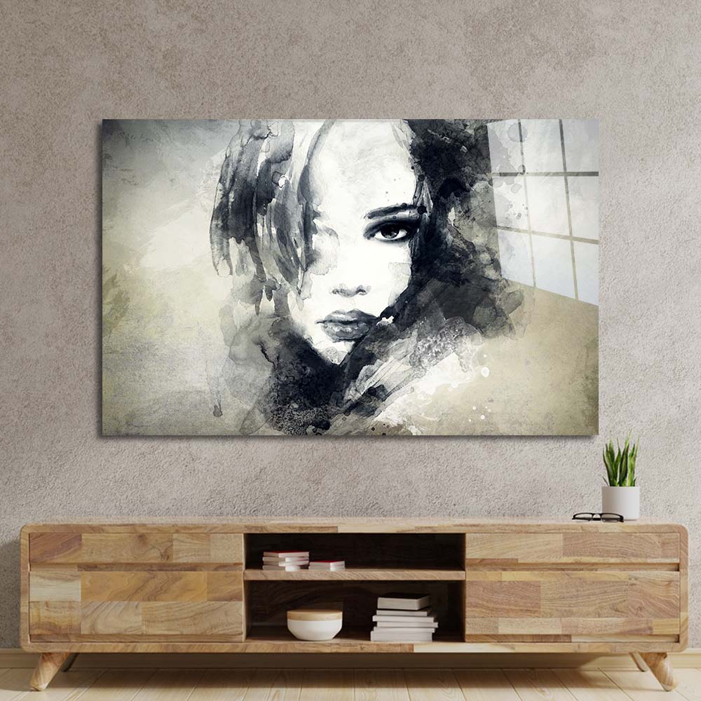 A Woman's Face in Ink Glass Wall Art