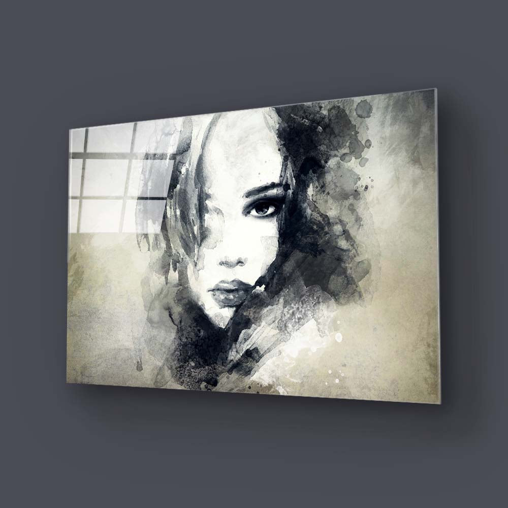 A Woman's Face in Ink Glass Wall Art