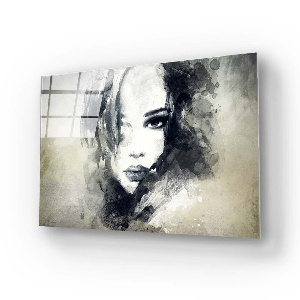 A Woman's Face in Ink Glass Wall Art