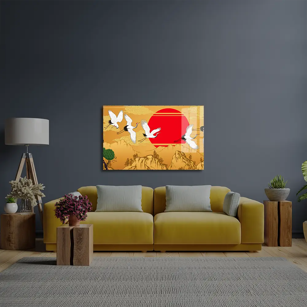 Abstract Flying Cranes Sunset Traditional Glass Wall Art