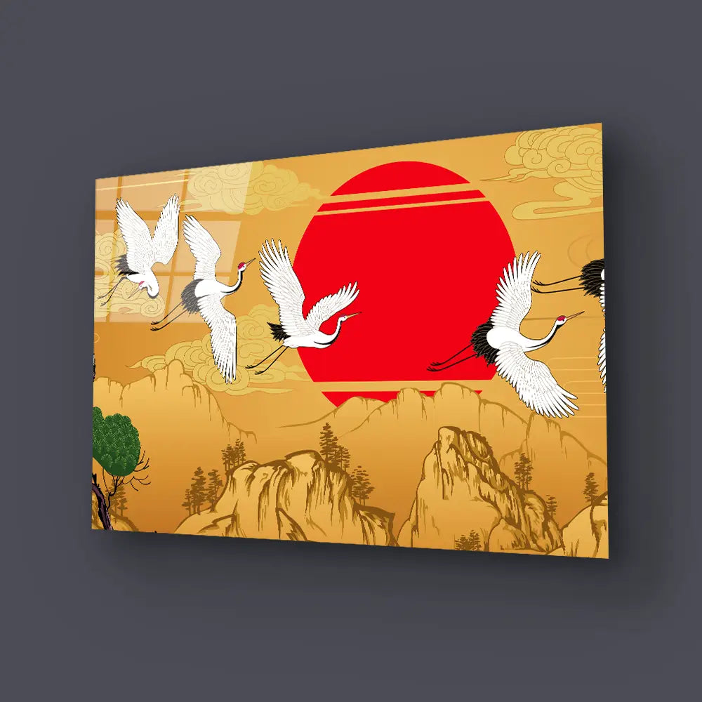 Abstract Flying Cranes Sunset Traditional Glass Wall Art