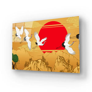 Abstract Flying Cranes Sunset Traditional Glass Wall Art